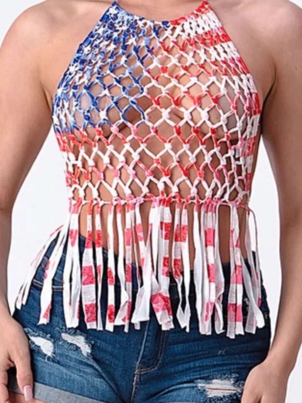 American Flag Crochet Fringe Halter Tank Top